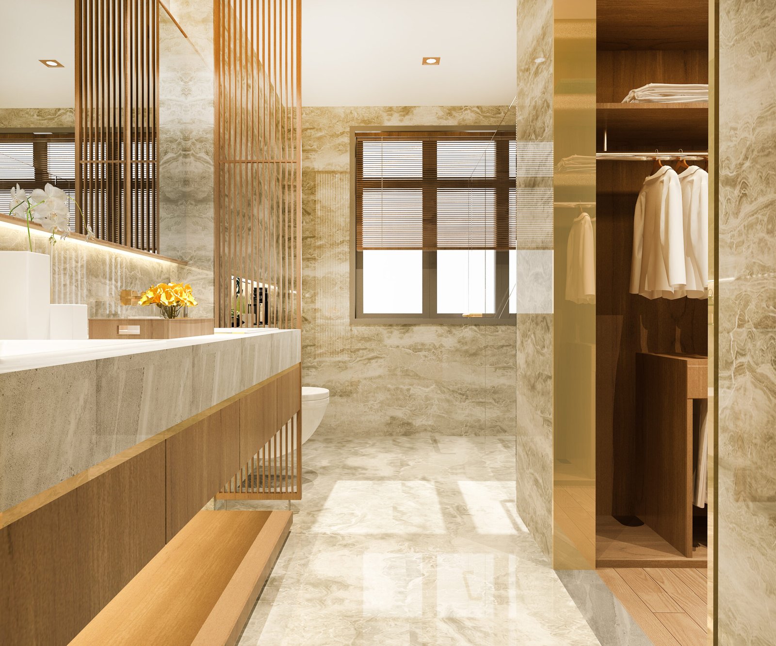 Projects 3d rendering modern design marble tile toilet bathroom wardrobe with walk closet