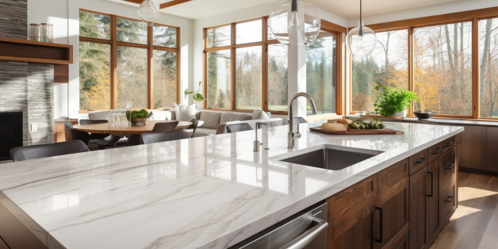 Projects contemporary kitchen with island, sink, cabinets, and large window in new upscale house.