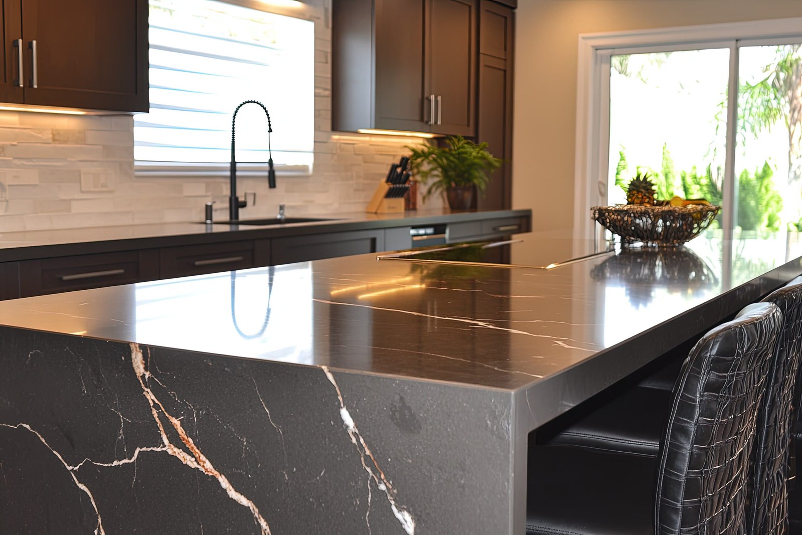 Projects a kitchen with a marble counter top next to a sink