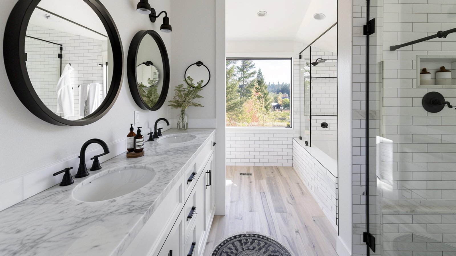 Projects a modern farmhouse bathroom with a natural wood vanity cabinet. generative ai